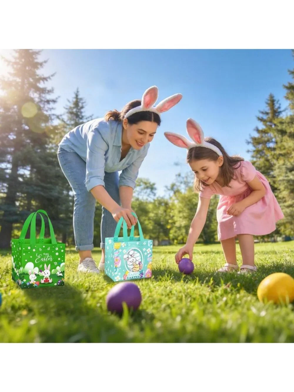 24 Pack Large Easter Gift Bags with Handles - Reusable Egg Hunt Baskets & Party